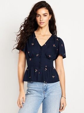 Old Navy, Navy Blue Cherry-Print Button Front Peplum Blouse